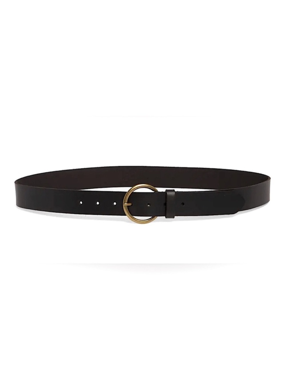 Frye Flat Black Leather Belt with Gold Buckle, Size Medium